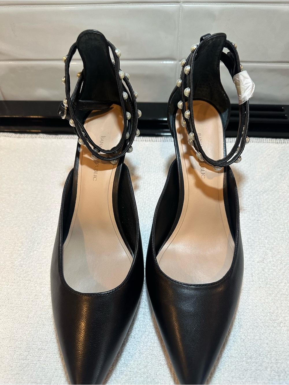 Banana Republic Black Pointed-Toe Heels with Pearl-Ankle Straps